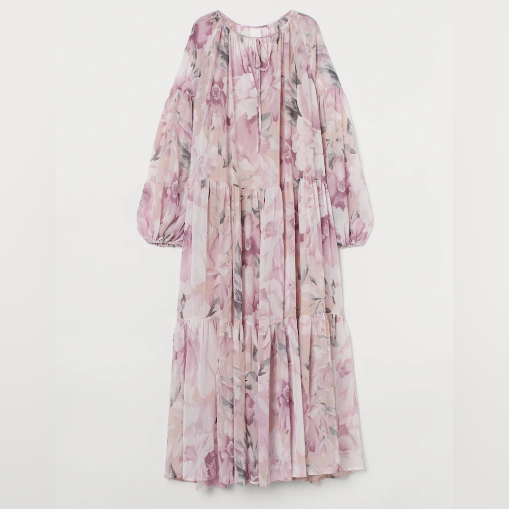 H&M Tiered Floral Flowy Voluminous Chiffon Pink Maxi Dress Small